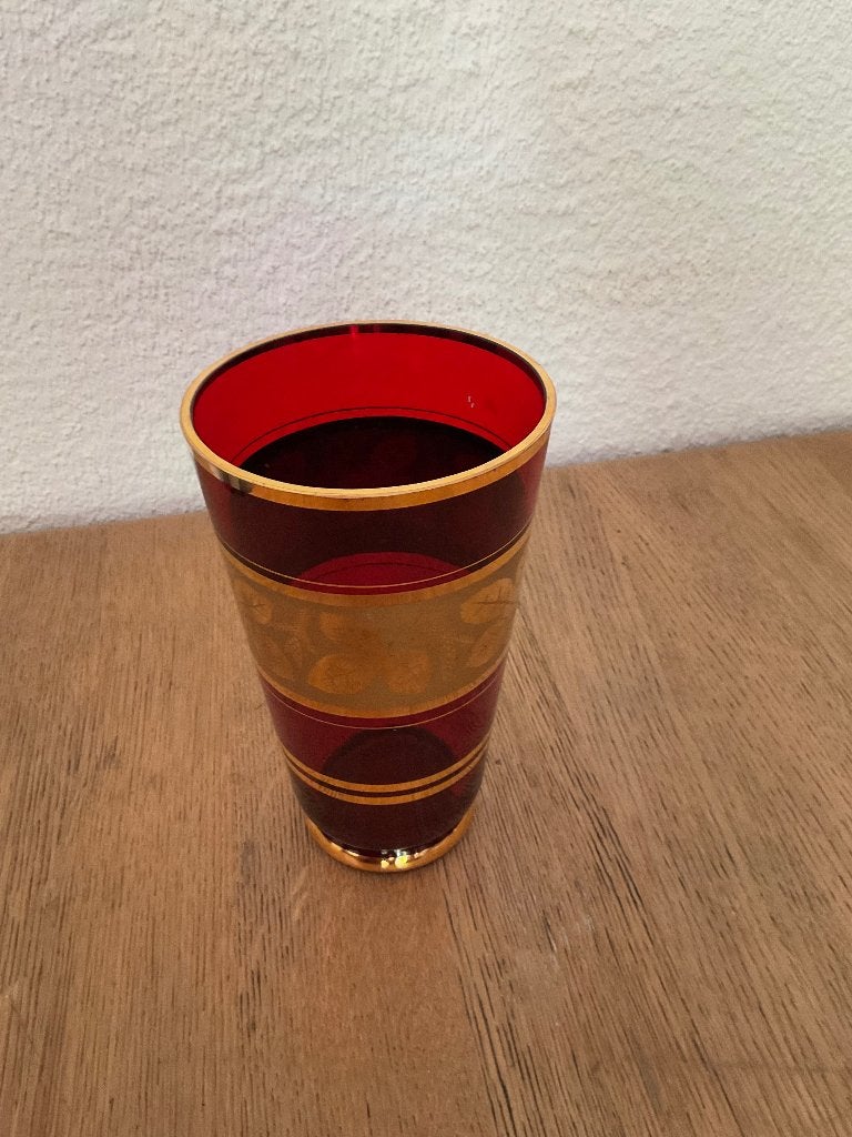 Vase rouge vintage/antique avec motif de feuille d'or - 20cm, Envoi