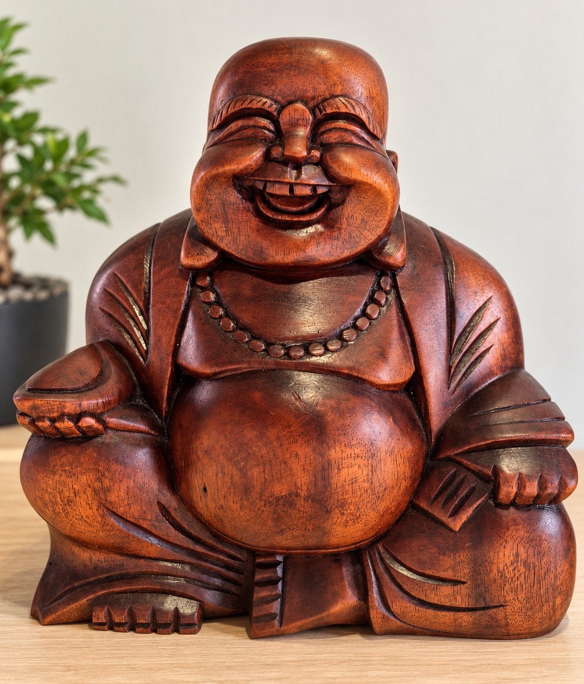 Prachtige Houten Lachende Boeddha (Budai) Handgesneden massi, Huis en Inrichting, 16 cm, Ophalen of Verzenden, Zo goed als nieuw