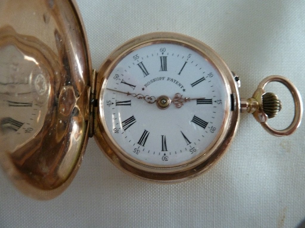 Gouden (14 kt) Roskopf Patent zakhorloge, Handtassen en Accessoires, Zakhorloge, Ophalen, Overige merken, Goud