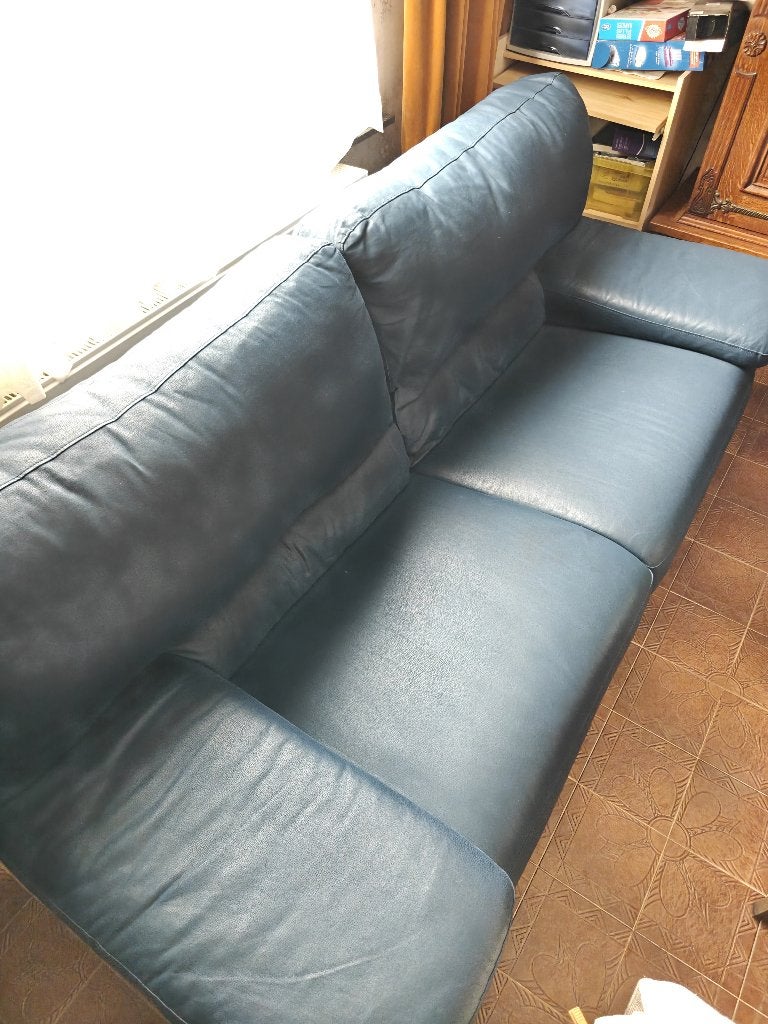 Canapés bleus simili cuir 3+2 bleu, Maison & Meubles, Quatre personnes ou plus, Banc droit, Comme neuf, Bois