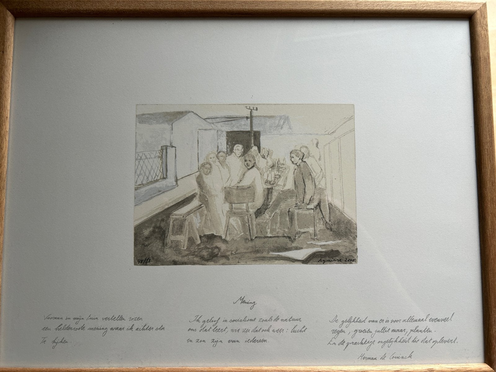 Werk van Philip Aguirre y Otegui + gedicht Herman De Coninck, Antiek en Kunst, Ophalen, Ets, Genummerd