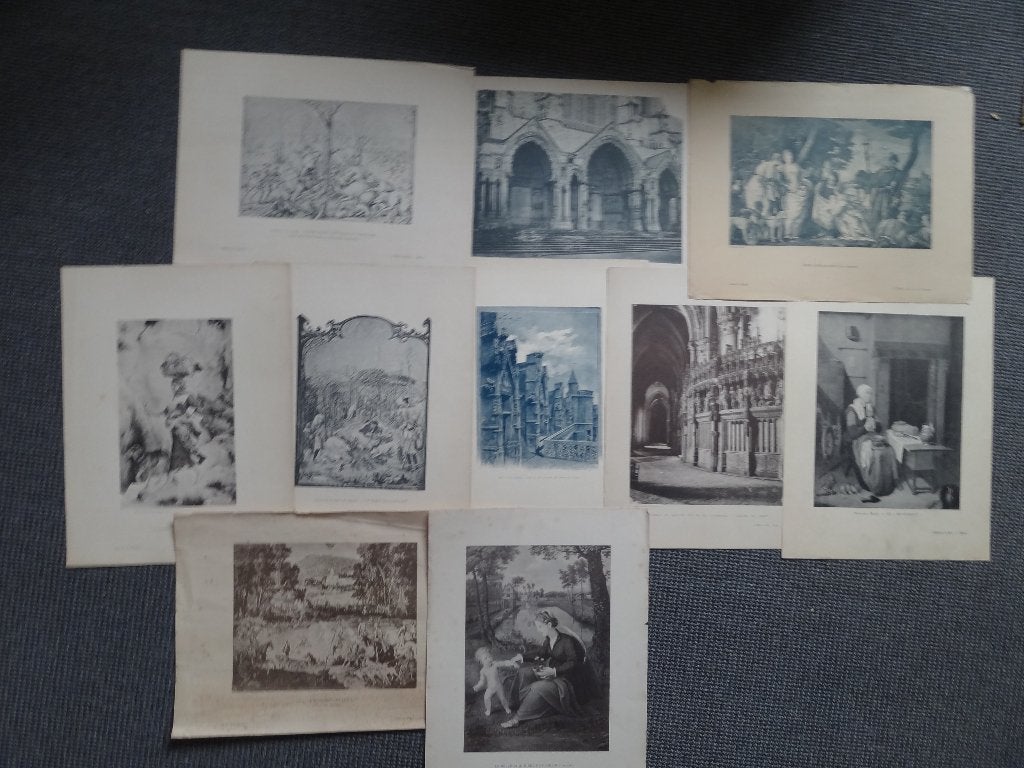 10 héliogravures, intérieurs, paysages urbains, etc., 1800 - 1899, Vue urbaine, Gravure, Signé
