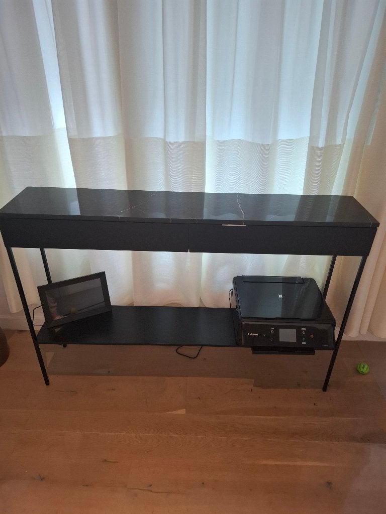 zwarte sidetable met 2 lades marmeren blad H 120 D 25, Ophalen, Gebruikt, Tijdloos en modern, 100 tot 150 cm