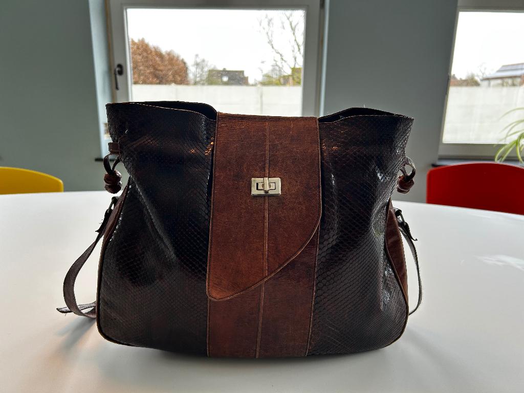Vintage handtas slangenleer, Ophalen of Verzenden, Gebruikt, Bruin, Handtas