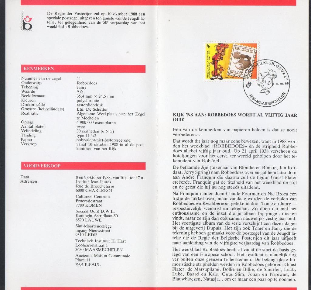 Année 1988 : FDC 2302 sur feuillet - 50 ans du journal "Spir, Postzegels en Munten, Ophalen of Verzenden