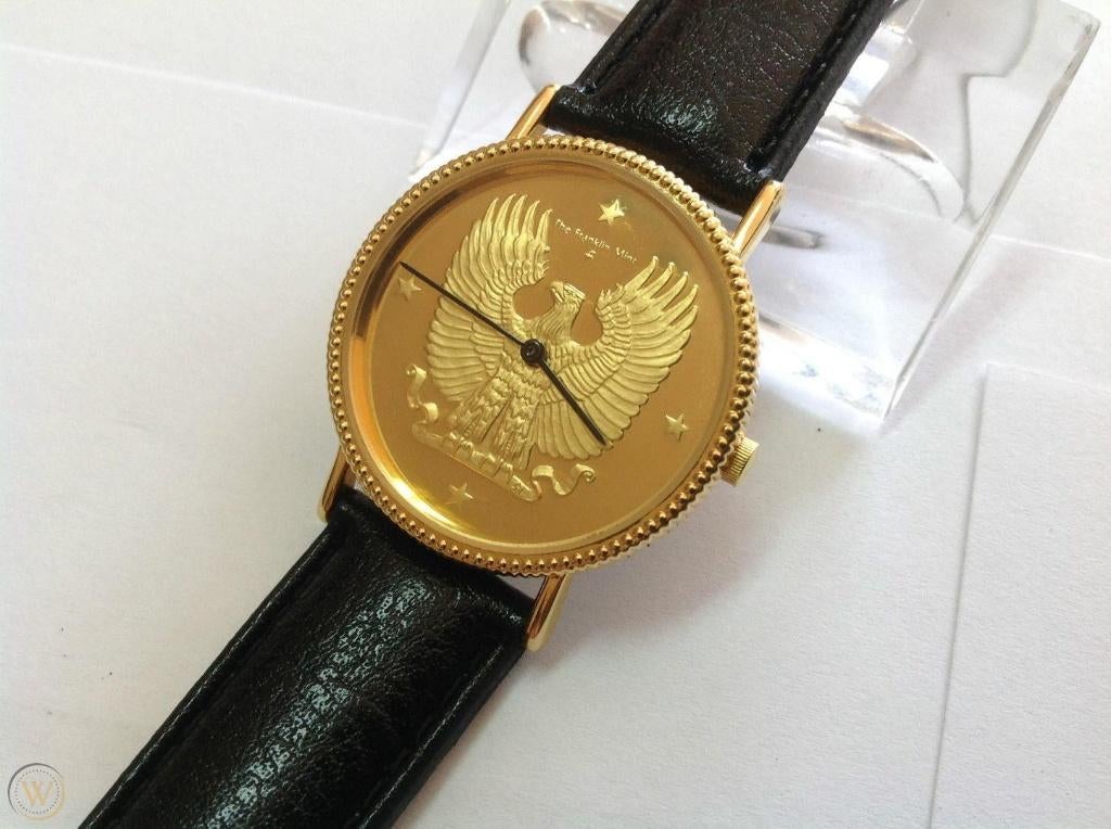 Franklin Mint Eagle Sterling Silver Dial Gold Plated Watch, Leer, Polshorloge, Zo goed als nieuw, Goud