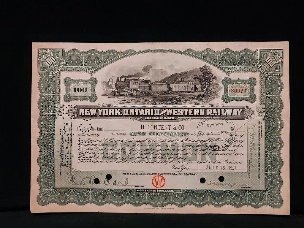 Vintage Amerikaans spoorwegaandeel, New York, Ontario, 1927, Verzamelen, Ophalen of Verzenden, Gebruikt, Trein, Overige typen