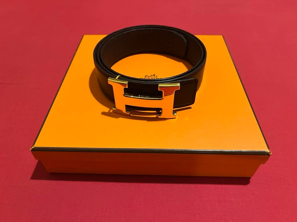 Ceinture HERMES rév, marron/noire, 90cm, boucle plaquée or, Enlèvement, Comme neuf, Ceinture