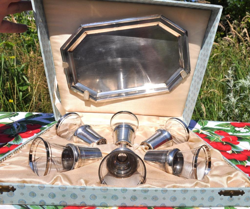coffret service a liqueur metal argente et verre, Enlèvement ou Envoi