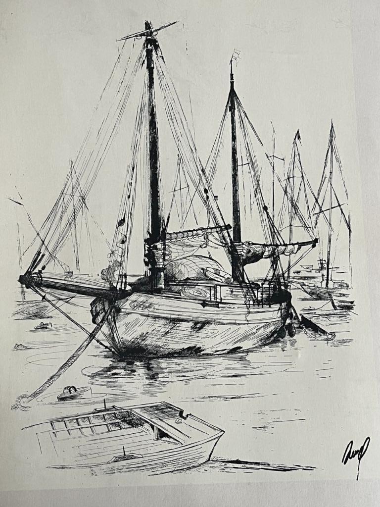 dessin à la plume signé de voiliers, Enlèvement ou Envoi