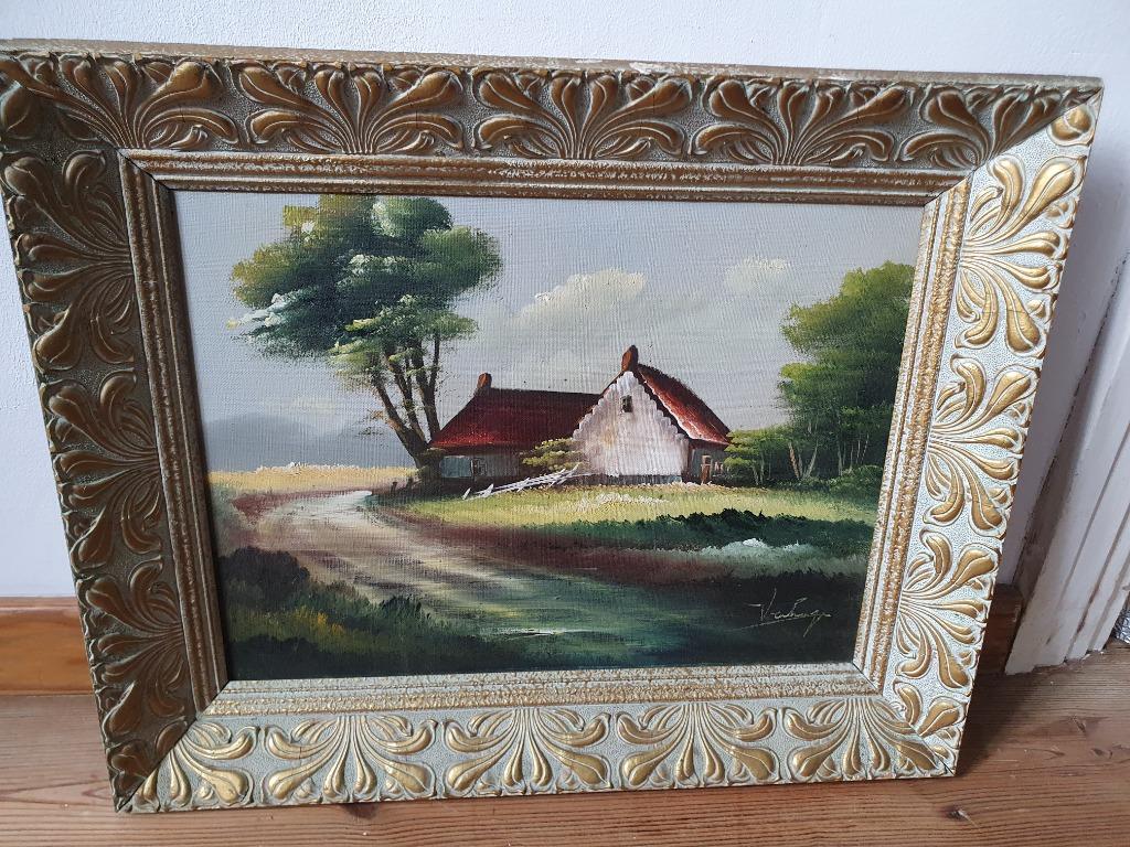 Tableau signé Verhagen -Paysage rural dans cadré doré ancien, Enlèvement