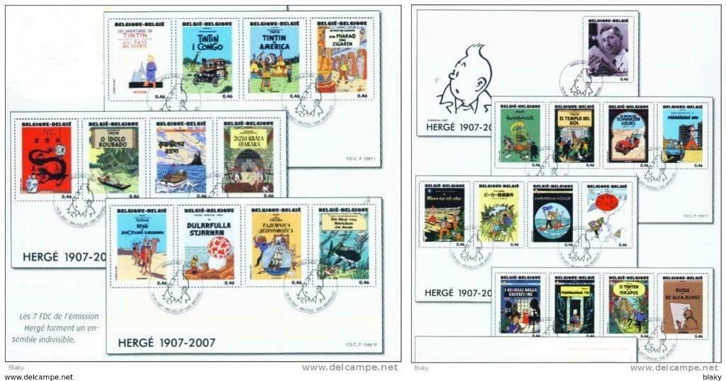 TINTIN-2007-  7  ENVELOPES  FDC 25 TIMBRES = 25 langues, Collections, Personnages de BD, Enlèvement ou Envoi, Tintin, Neuf, Statue ou Figurine
