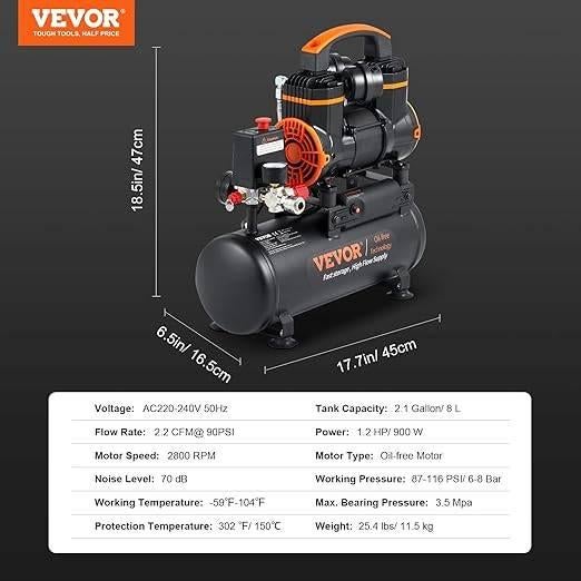 Compresseur d'air silencieux | 8 L | LIVRAISON GRATUITE, Neuf, -, Outillage ou Accessoires, Envoi