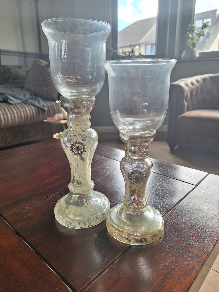 2 kandelaars glas landelijke stijl, Overige materialen, Ophalen of Verzenden, Zo goed als nieuw, Crème