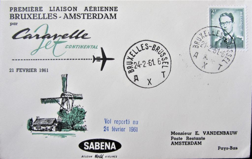 FDC SABENA- BRUSSEL- AMSTERDAM 1961, Enlèvement ou Envoi, Affranchi, Avions
