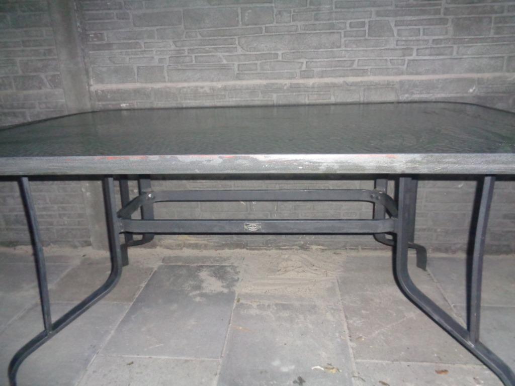 Metalen tafel Bois Le Duc met gehamerd glas en metalen poten, Ophalen, Gebruikt, Rechthoekig, Metaal