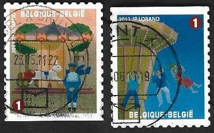2 Postzegels België 2011 Kermis De foor, Frankeerzegel, Ophalen of Verzenden, Gestempeld, Gestempeld