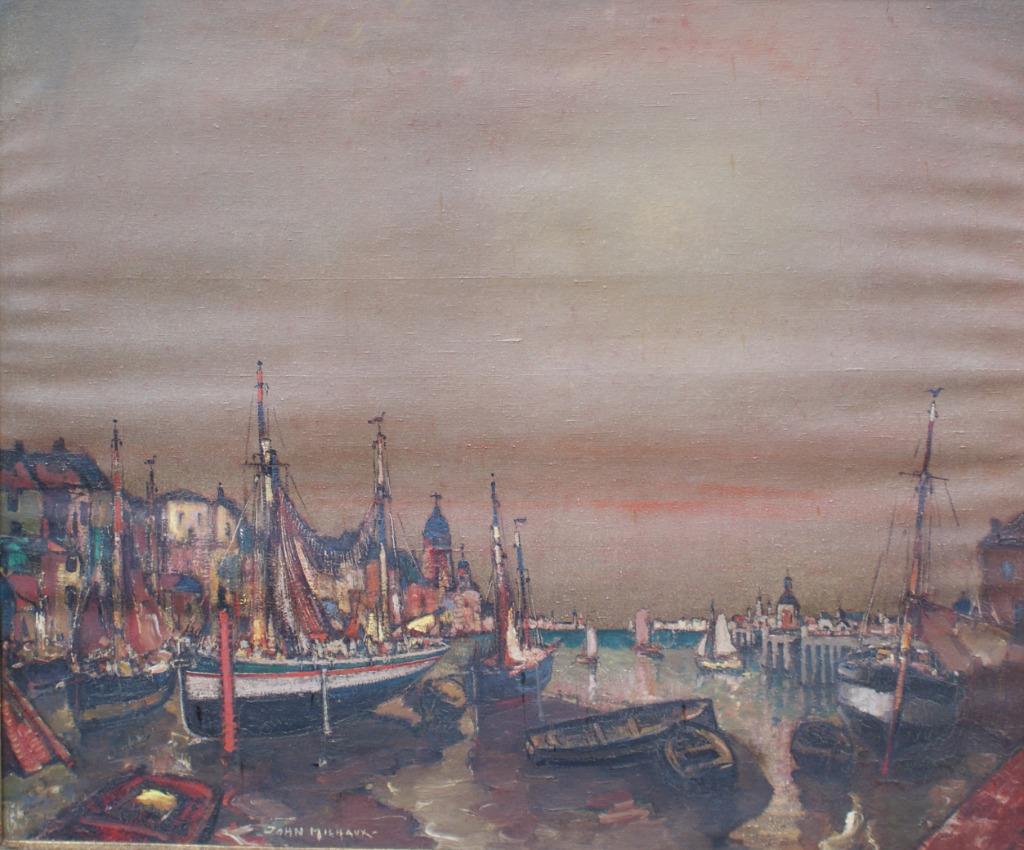 John Michaux (1876-1957): Haven Brixham (O/Dn 118 x 103 cm), Antiek en Kunst, Ophalen