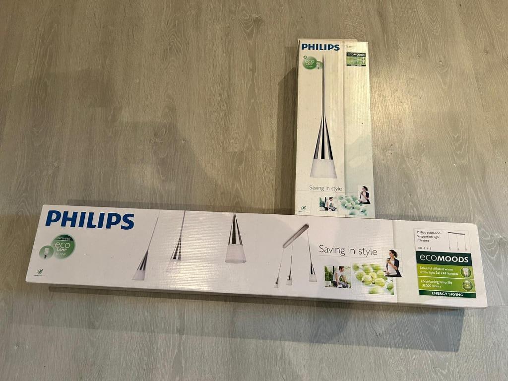 2 hanglamp-armaturen Philips Ecomoods (chrome), Huis en Inrichting, Ophalen of Verzenden, Gebruikt, Plafondspot of Wandspot