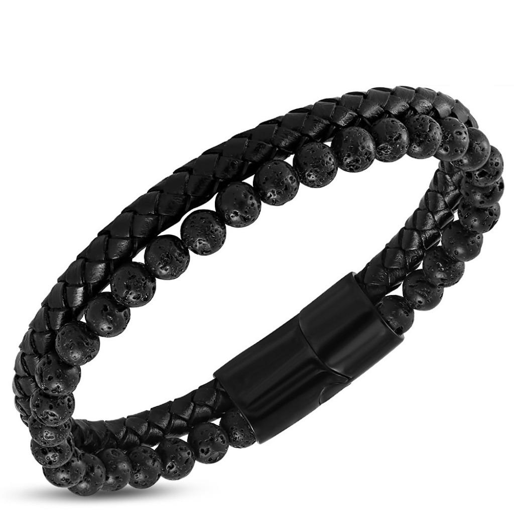 Gevlochten zwart leder & lava mannenarmband, Ophalen of Verzenden, Nieuw