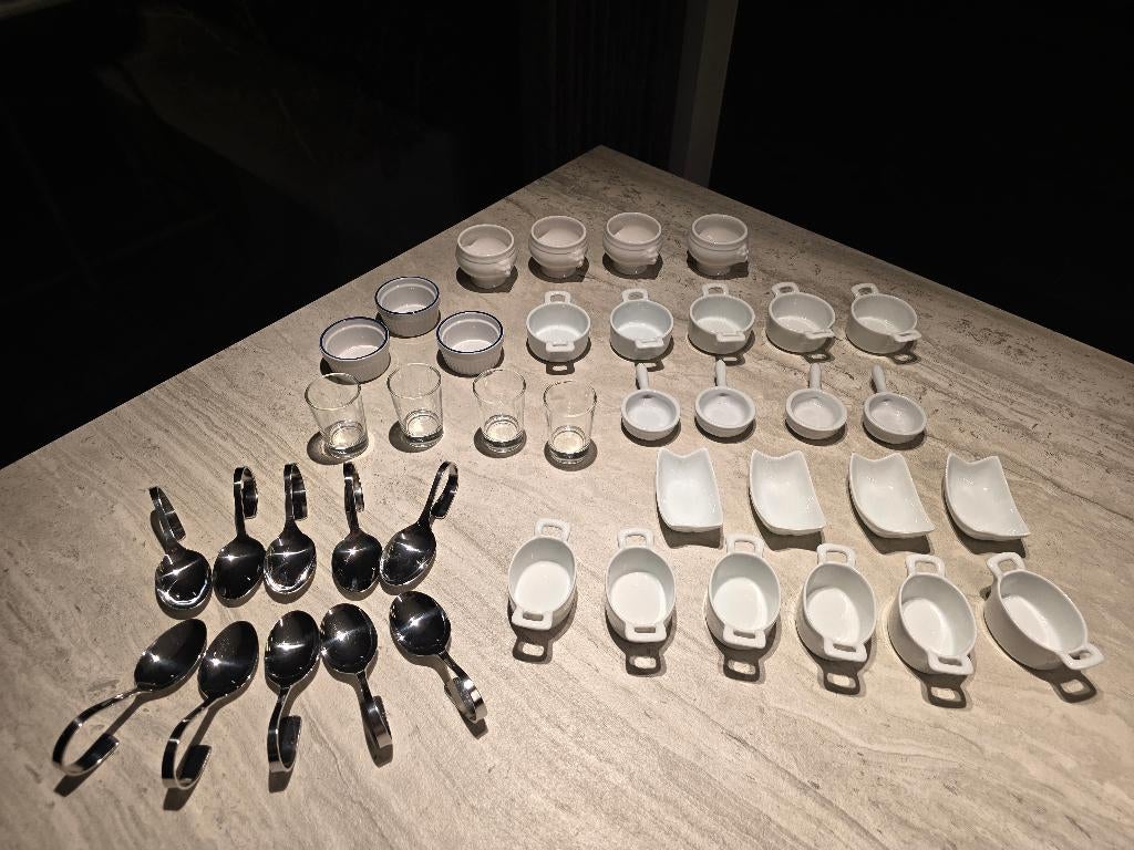 Set voor Aperitiefhapjes (potjes, glaasjes, lepeltjes, ..), Ophalen, Zo goed als nieuw
