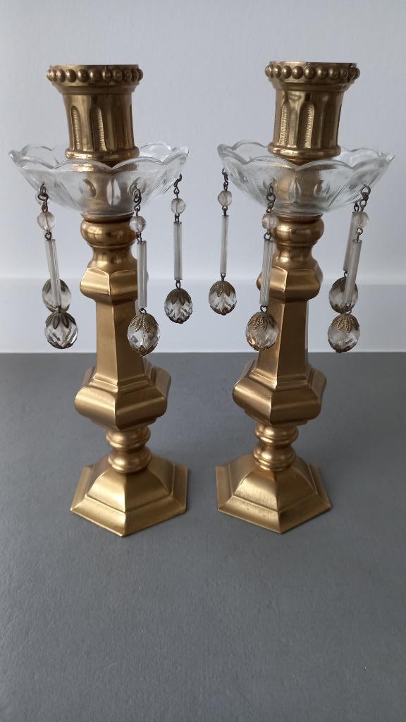 2 antieke kandelaars koper/glas, Ophalen of Verzenden