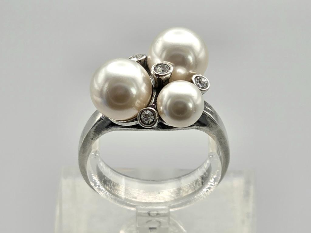 Bague Art Déco en argent avec perle et Swarovski. 2025/567., Envoi, Argent, Bague, Avec pierre précieuse