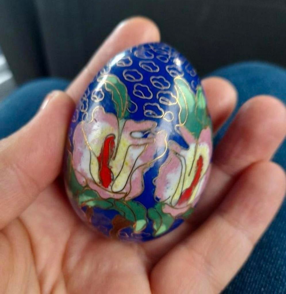 Vintage Cloisonne bloemmotief ei in blauwe kleur, Ophalen of Verzenden