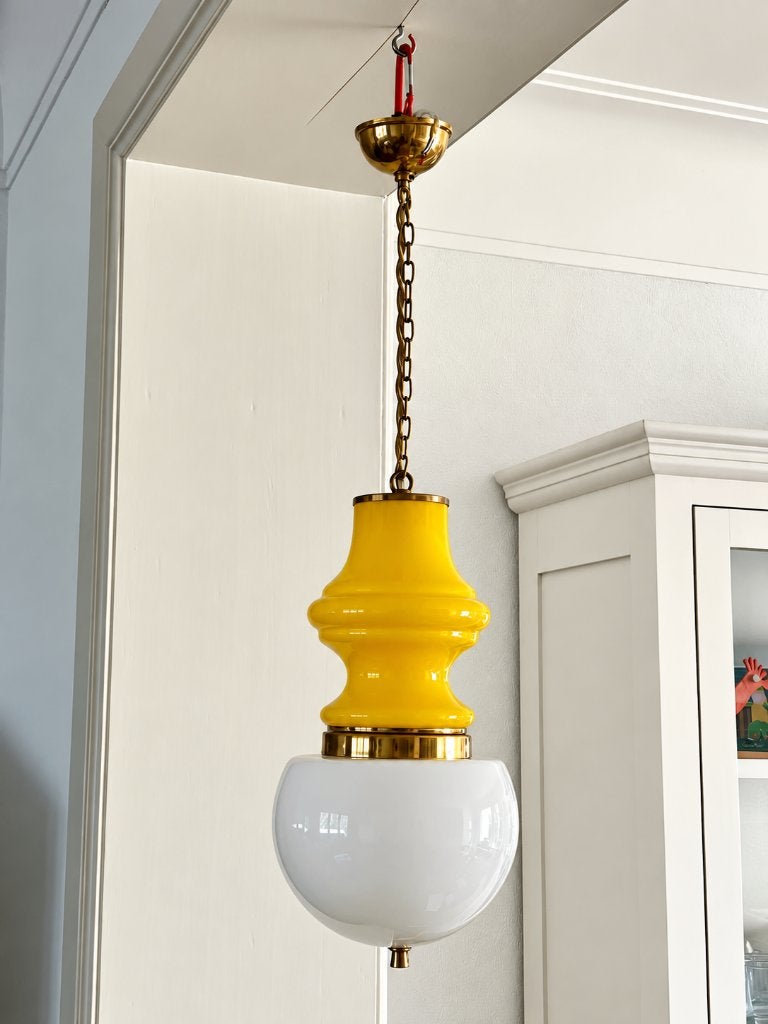 Suspension vintage années 60/70 verre jaune et opaline, Enlèvement, Verre