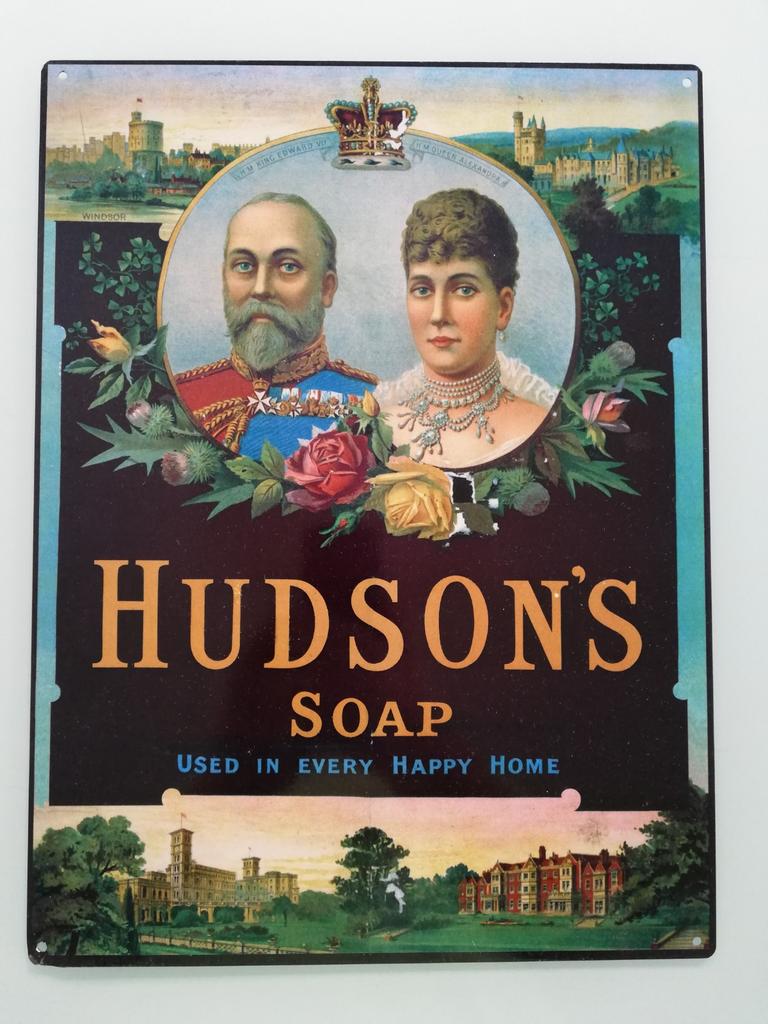 Vintage blikken Hudson's soap reclame bord., Verzamelen, Ophalen of Verzenden, Gebruikt, Reclamebord