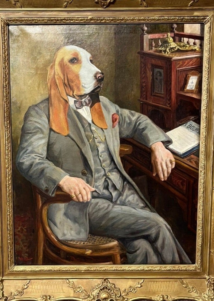 Peinture de portrait d'un noble à tête de chien, Antiquités & Art, Enlèvement ou Envoi, Signé, Peinture à l'huile, Toile