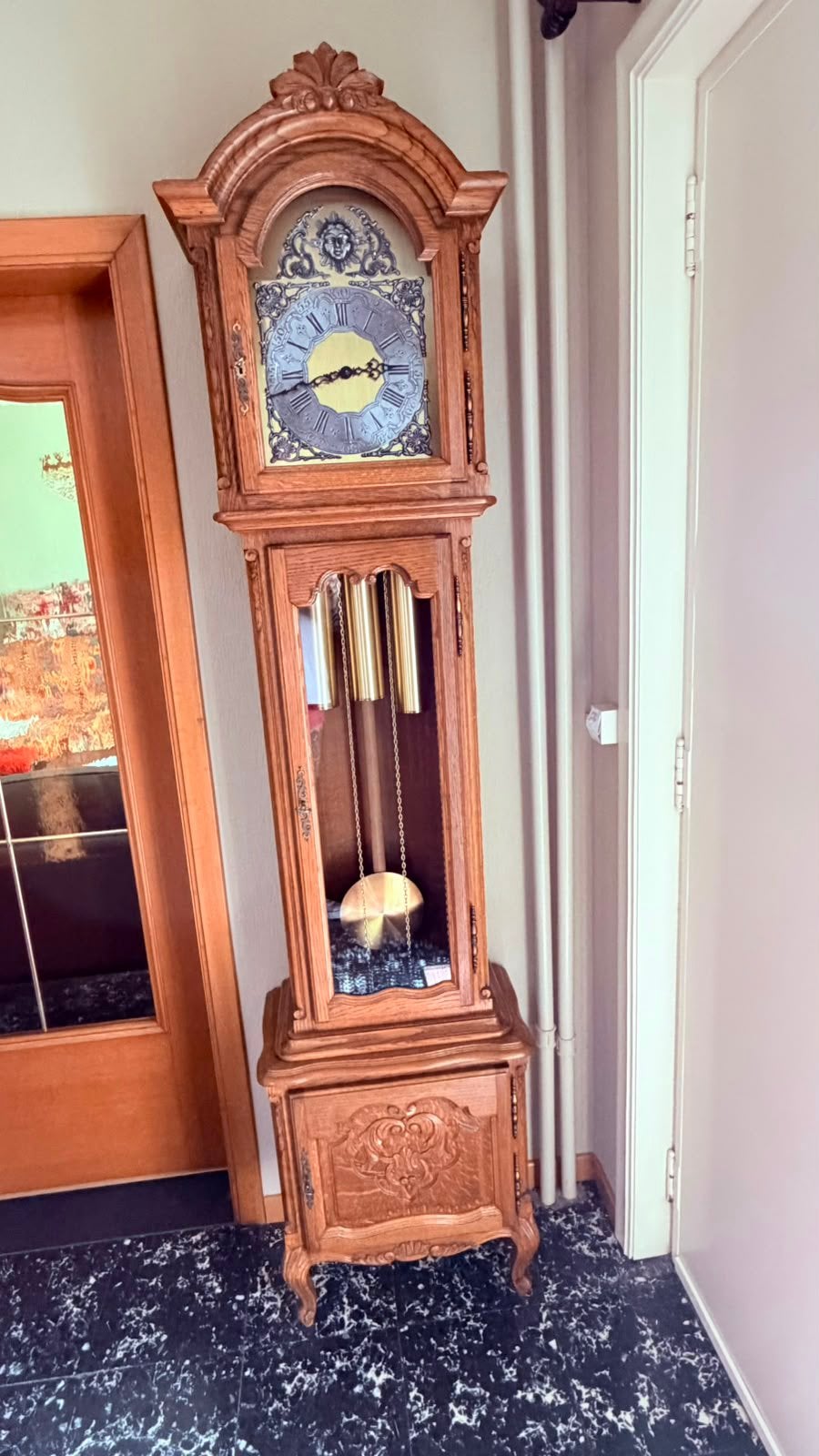 Eiken staande klok / pendule met 3 gewichten, Ophalen