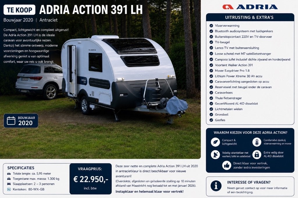 Adria Action 391 LH, Caravanes & Camping, Caravanes, 2 lits séparés, 4 à 5 mètres, 750 - 1000 kg, Particulier
