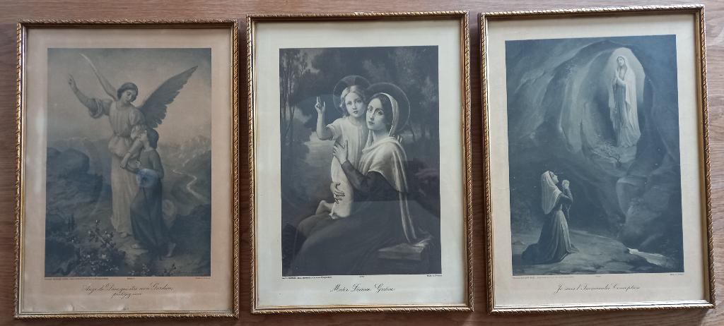 3 religieuze prenten van kunstenaar Etienne Azambre, Verzamelen, Ophalen, Gebruikt, Voor 1940, Prent