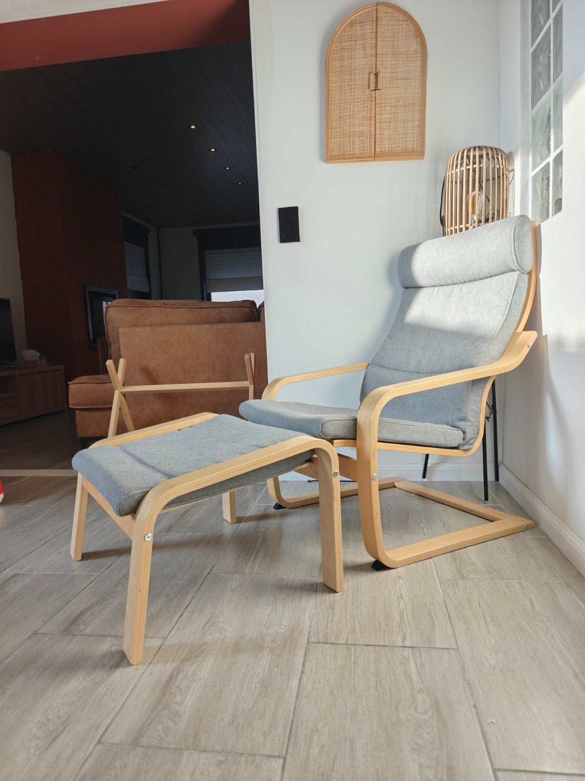 Ikea POÄNG fauteuil + voetenbank, Ophalen, Zo goed als nieuw, Hout