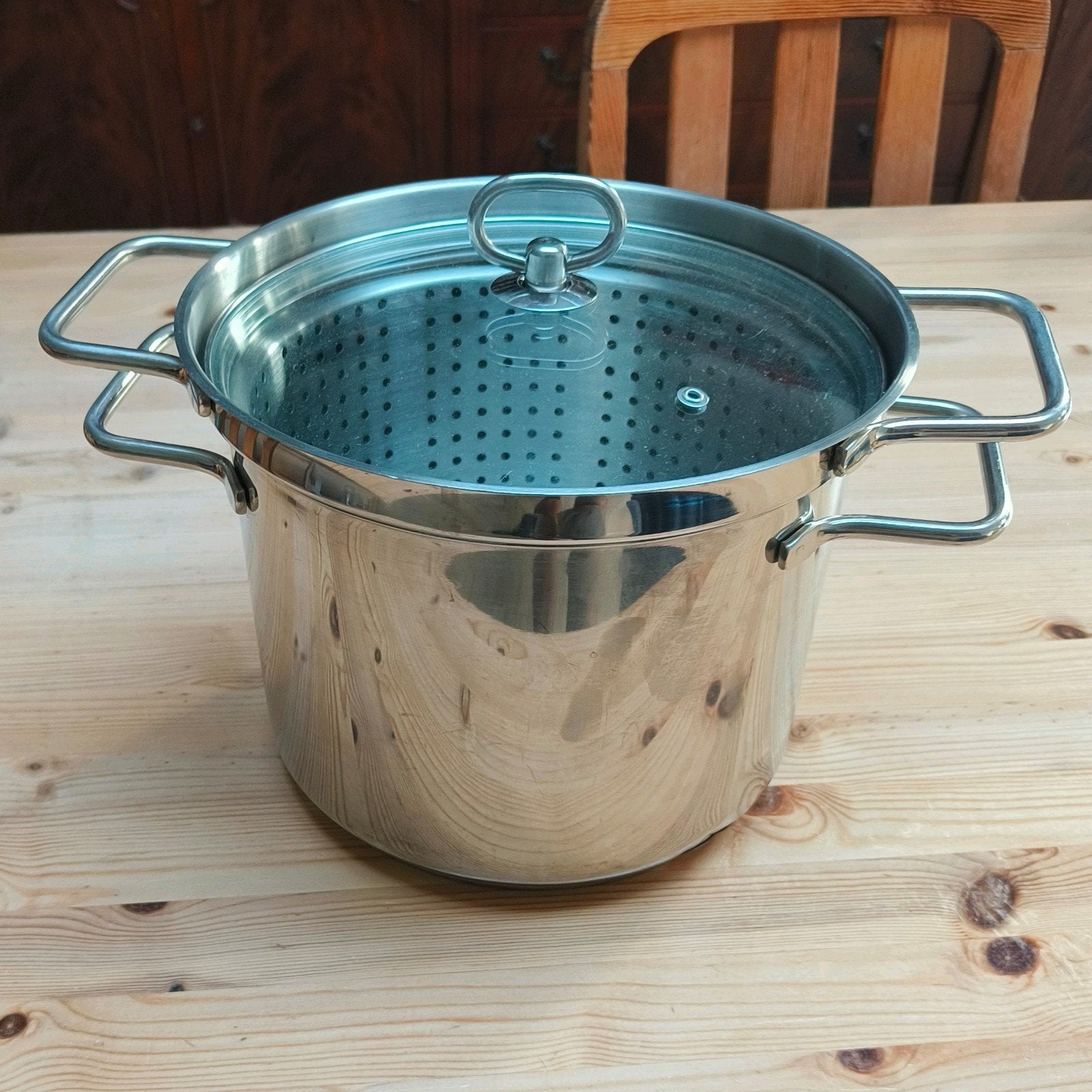 Grote kwaliteit roestvrijstalen kookpot, deksel en vergiet, Inox, Système de versement, Comme neuf, Enlèvement
