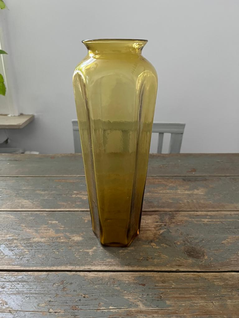 ANTIEKE ART DECO VAAS AMBER GEEL GLAS BLOEMEN GLASWERK, Ophalen of Verzenden