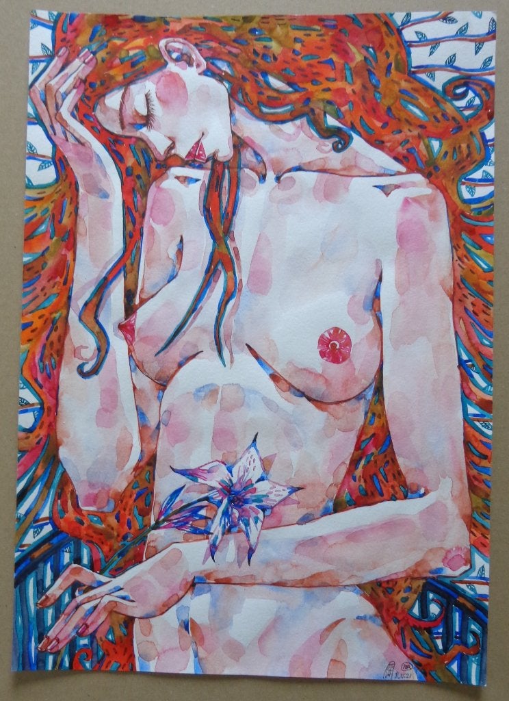 MARUSYA DRAM / NAAKTE VROUW / ORIGINEEL WERK / 42x30cm MONO, Ophalen of Verzenden, Gesigneerd, Aquarel, Figuren