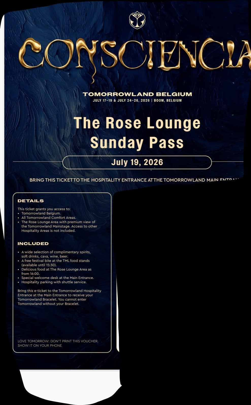 1Xplace VIP Tomorrowland dimanche 19/07 The Rose Lounge pass, Tickets & Billets, Événements & Festivals