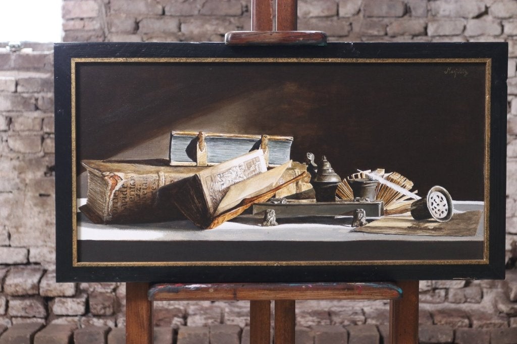 Stilleven tinnen inktstel, boeken – Marjolein van den Berg, Antiquités & Art, Textile, Signé, Peinture acrylique, Enlèvement