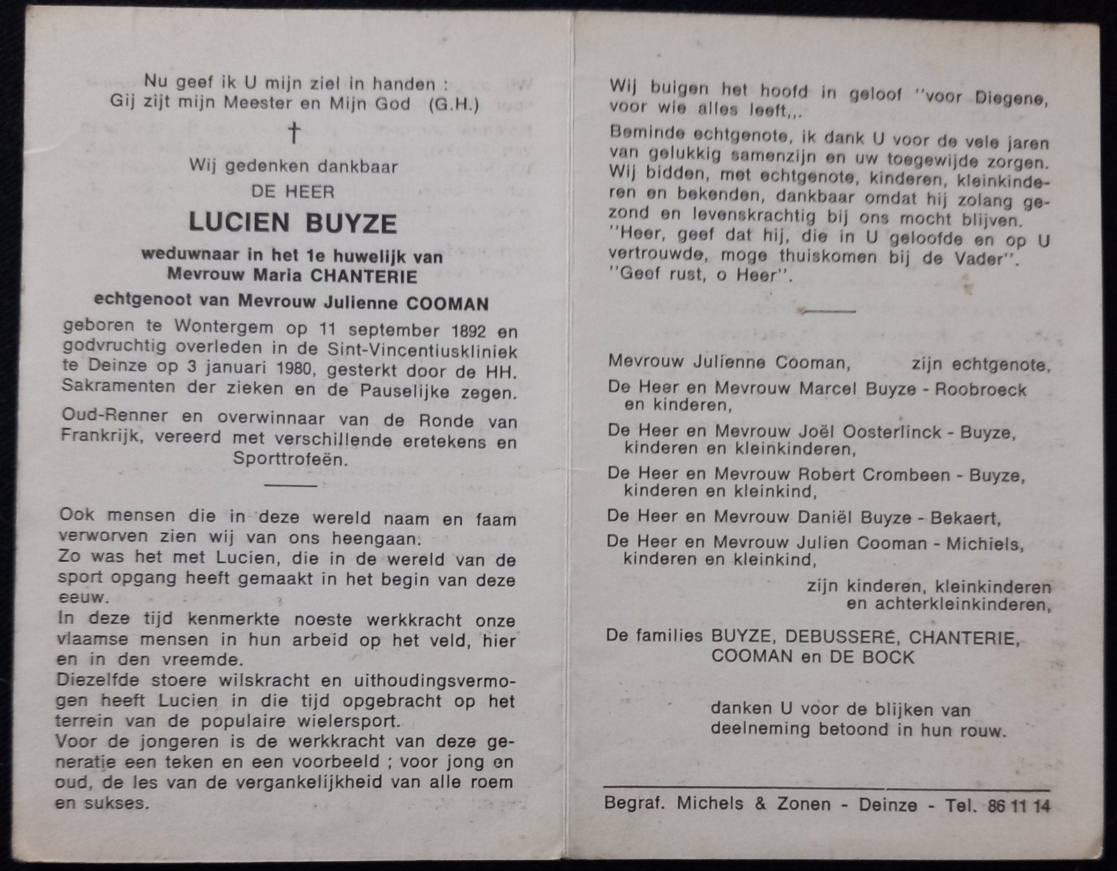 Carte de prière Lucien Buyze, Enlèvement ou Envoi