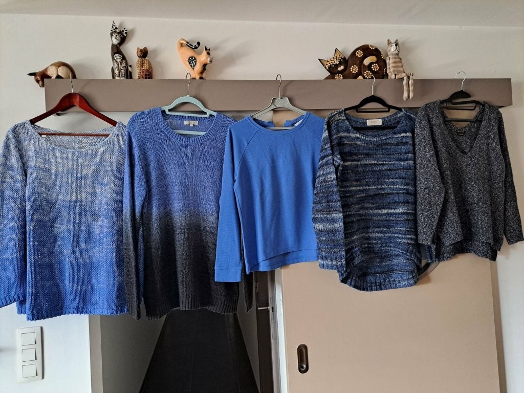 5x dames trui blauw/grijs, diverse maten, Enlèvement ou Envoi, Comme neuf, Bleu