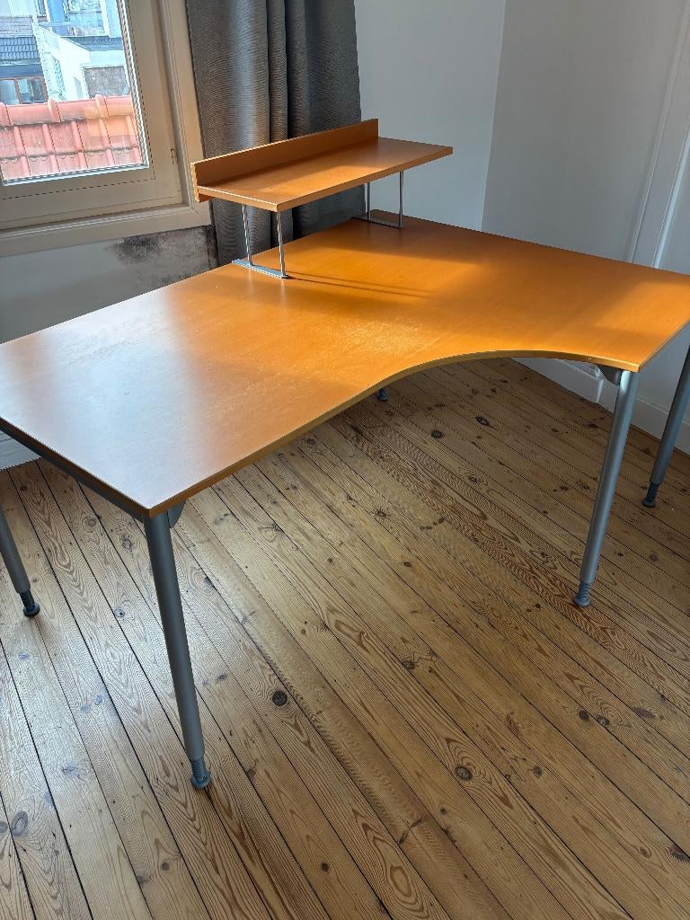 Ruim hoekbureau met monitorverhoger (houtlook), Huis en Inrichting, Ophalen, 160 cm, Gebruikt, 120 cm