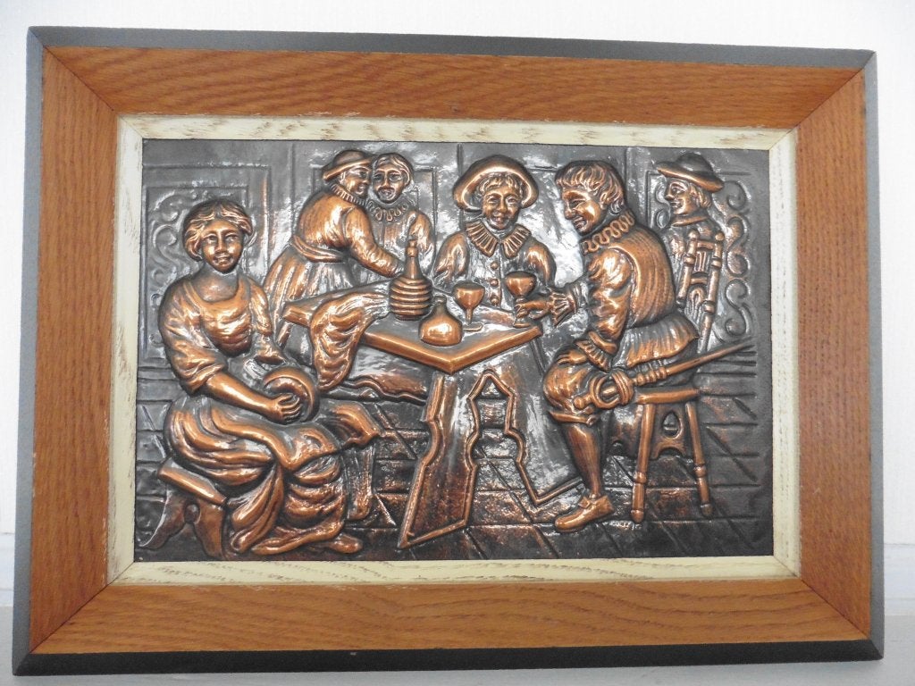 Koperen plaat in reliëf met houten frame, Ophalen of Verzenden, Koper