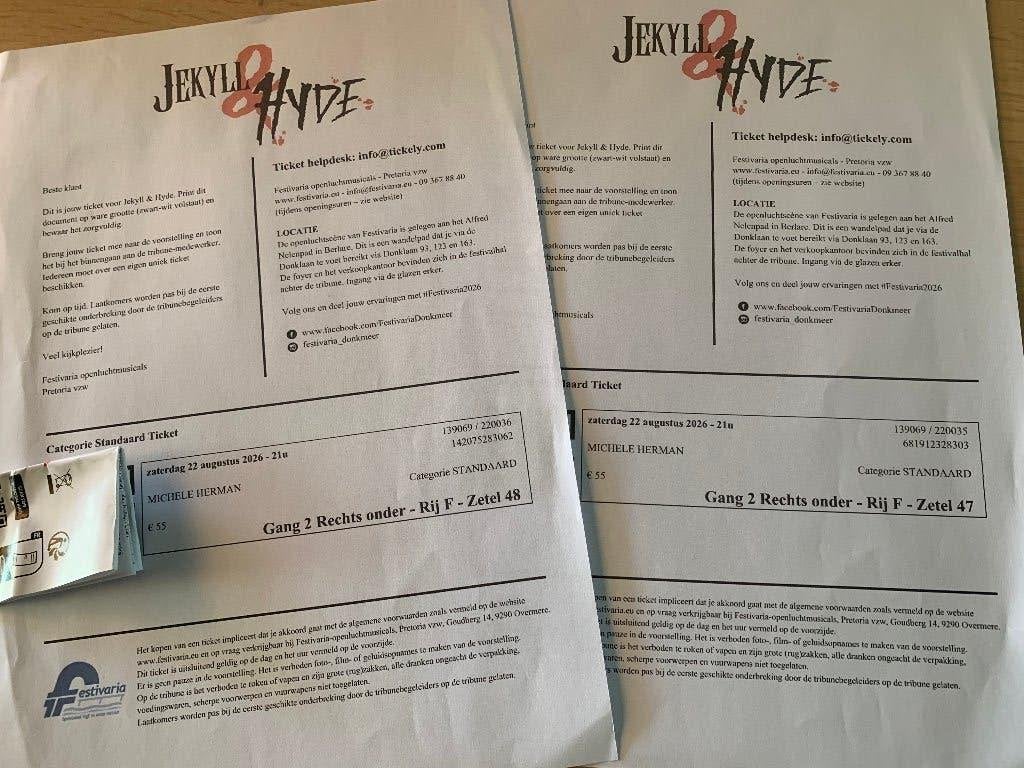 2 tickets Festivaria voor de musical Jekyll & Hyde op 22 aug, Tickets en Kaartjes, Twee personen, Augustus