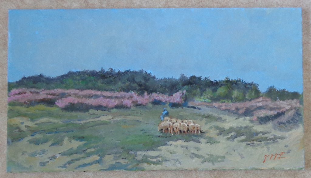 MARCEL VAN DEN BEMPT / KUDDE SCHAPEN / OLIEVERF DOEK 50x90cm, Ophalen, Gesigneerd, Olieverf, Doek