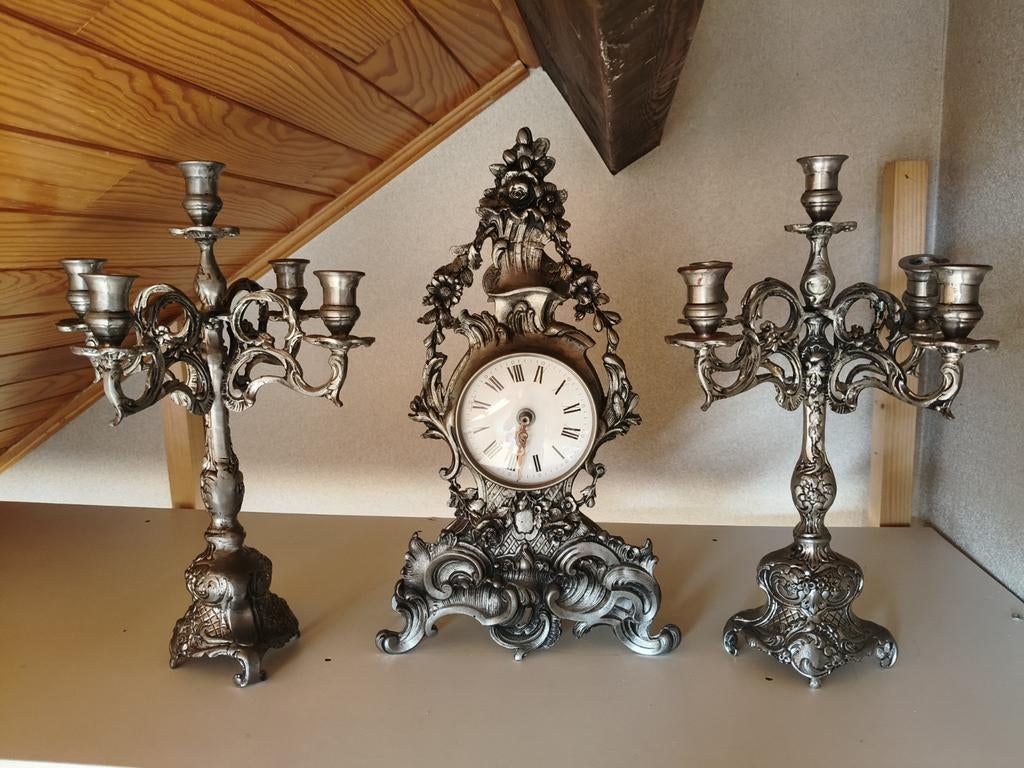 Tinnen kandelaars en klok, Antiek en Kunst, Antiek | Klokken, Ophalen