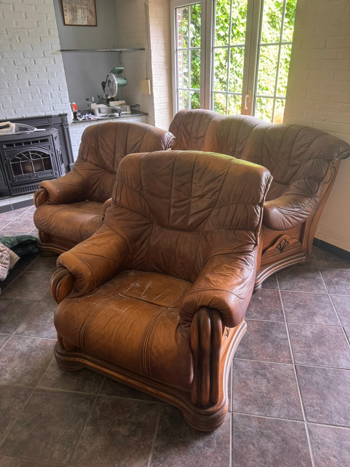 Lederen salon, Huis en Inrichting, Fauteuils, Ophalen, Zo goed als nieuw