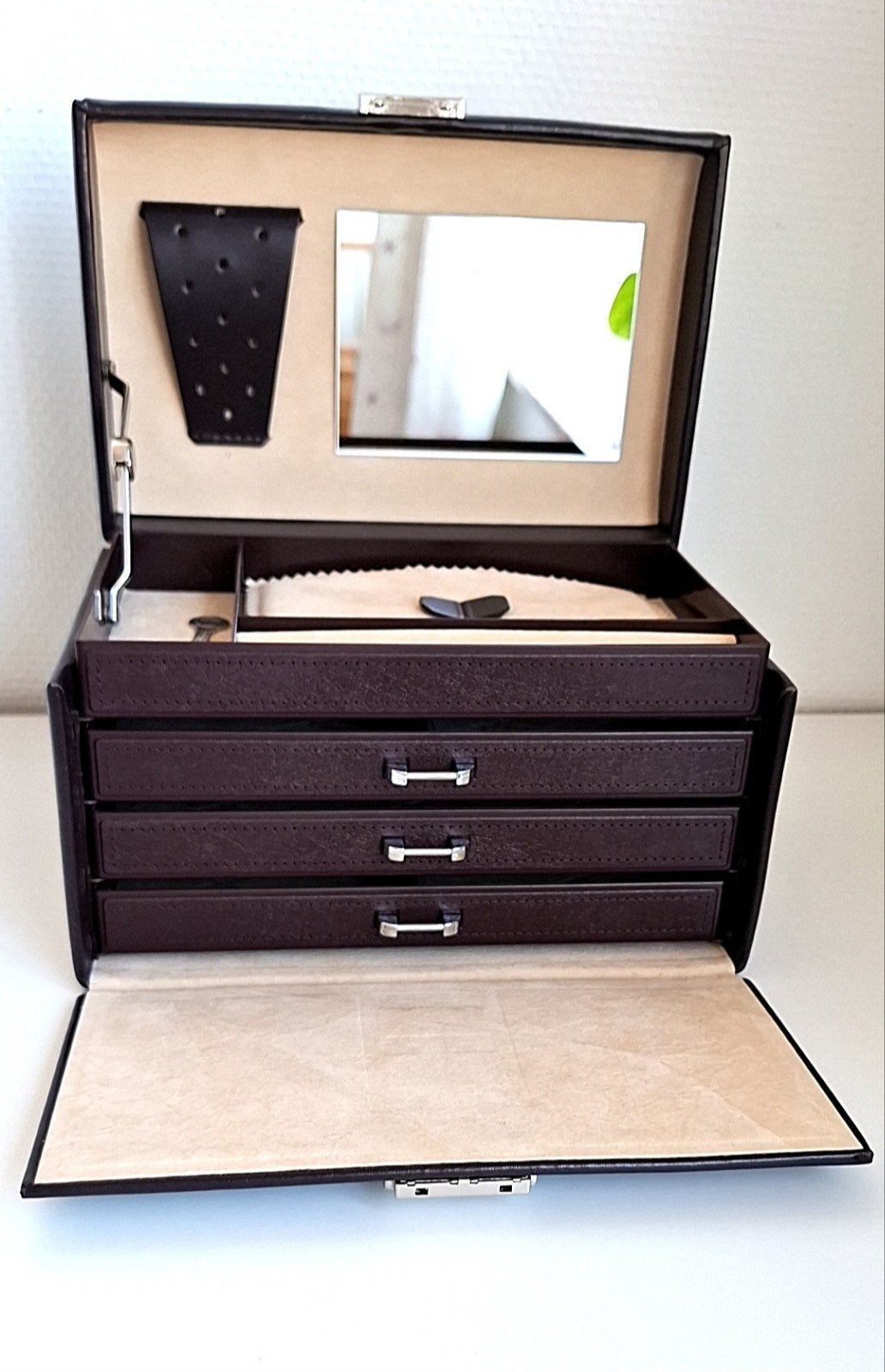 Grand coffret à bijoux avec miroir, tiroirs et clé, Enlèvement ou Envoi