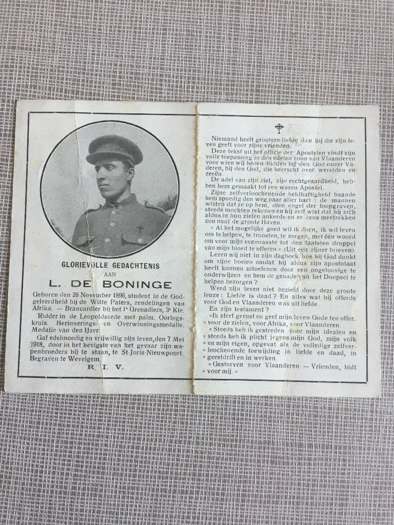 Soldat L.De Boninge tué au combat à Nieuport 1918 Wevelgem, Envoi, Image pieuse